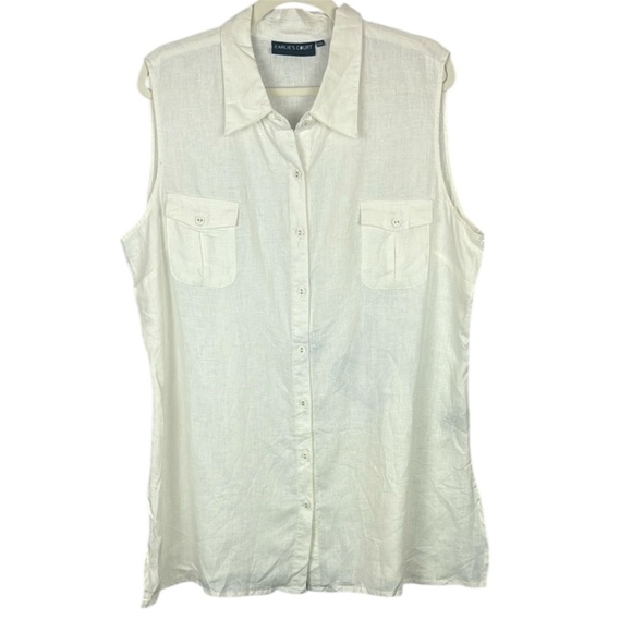 Carlie's Court 100% Linen White Cream Sleeveless Notched Collar Tunic - Picture 1 of 8